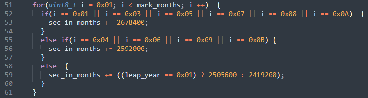 ​Рисунок 3 - Реализация вычисления количества прошедших месяцев в секундах на языке Си