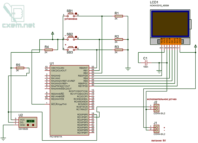 Схема термостата на PIC16F877A и LCD NOKIA 3310