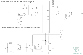 Схема электрическая принципиальная линий обработки датчиков пульса и температуры