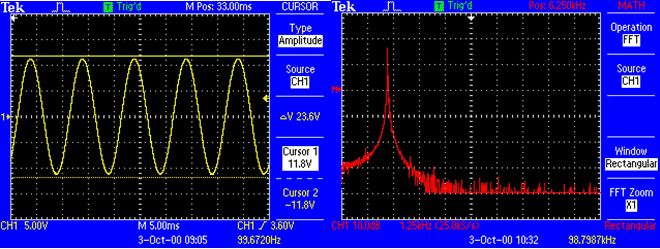 Форма сетевого напряжения на выходе трансформатора РСП слева и его спектрограмма справа