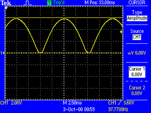 Процесс работы диодного моста без сглаживающего конденсатора C1 c частотой питания 50Гц
