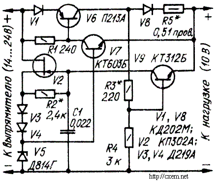 Схема стабилизатора напряжения 10 В, 1 А с полевым транзистором и защитой от перегрузок