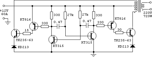 Схема мощного преобразователя напряжения 12V / 220V