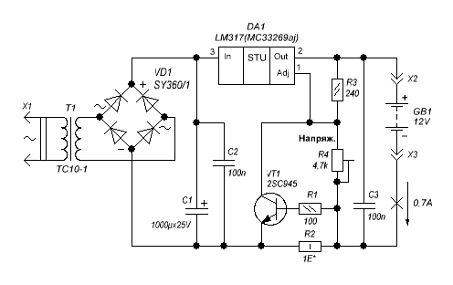 ЗУ со стабилизацией тока на LM317/MC33269aj и транзисторе