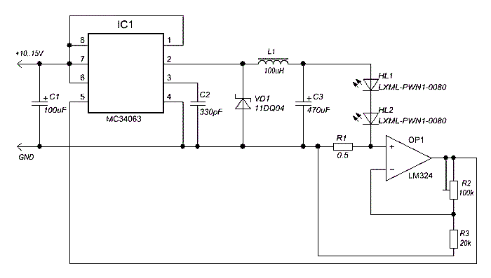Пример схемы светодиодного драйвера с токоизмерительным шунтом
