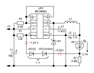 Принципиальная схема простого понижающего токостабилизирующего драйвера