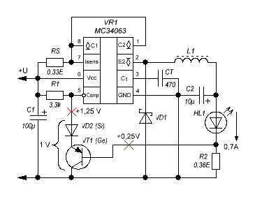 Принципиальная схема варианта простого понижающего токостабилизирующего драйвера