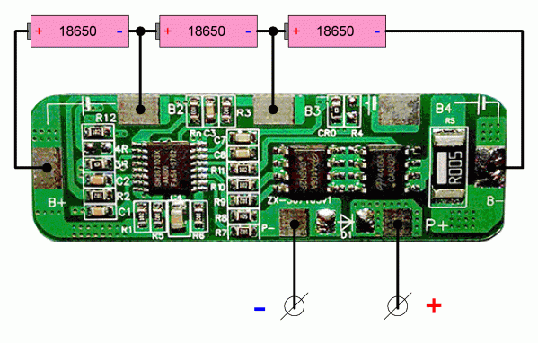 Схема соединения модуля защиты с аккумуляторами