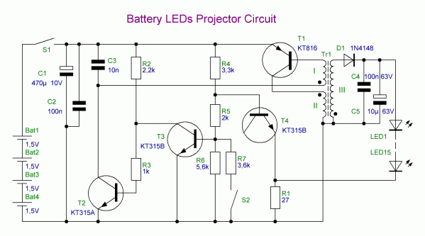 Схема батарейного LED-прожектора принципиальная