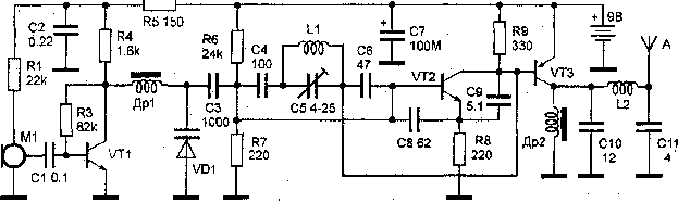 Схема радиомикрофона с широкополосной ЧМ в диапазоне частот 65-108 МГц