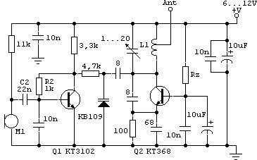 Схема УКВ ЧМ радиомикрофона на 60 - 100 МГц
