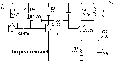 Схема простого радиомикрофона на 115...175 МГц