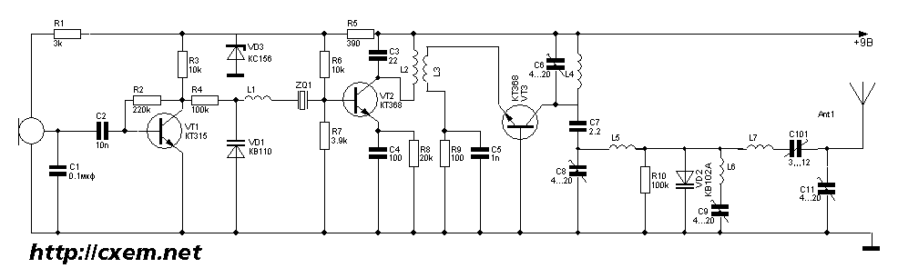 Схема кварцованного передатчика на 433 МГц 10 мВт