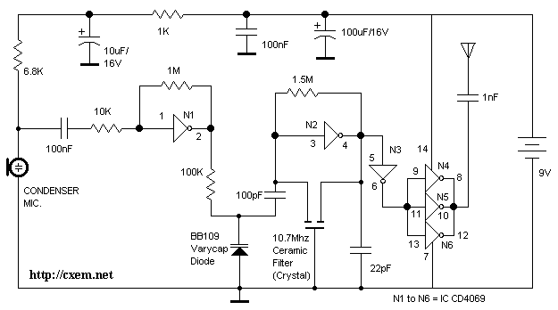 Схема радиопередатчика на микросхеме CD4069