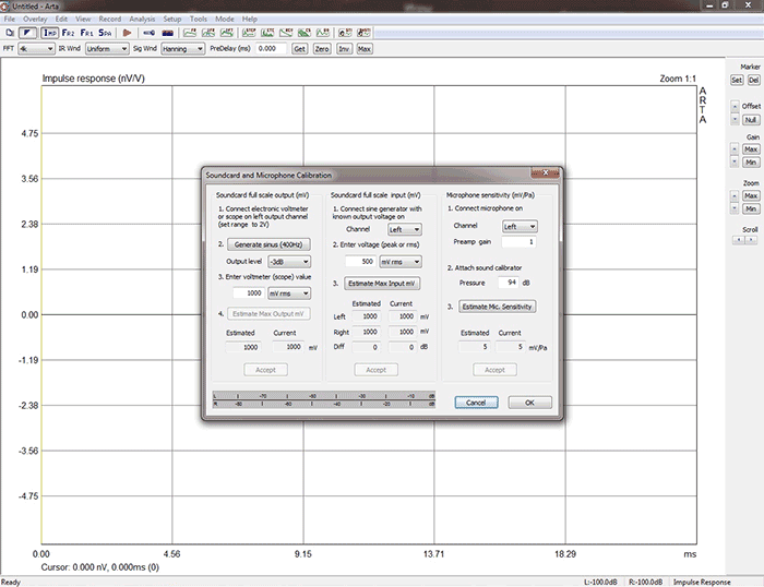 Рабочее окно программы ARTA Software с окном калибровки измерительного комплекса