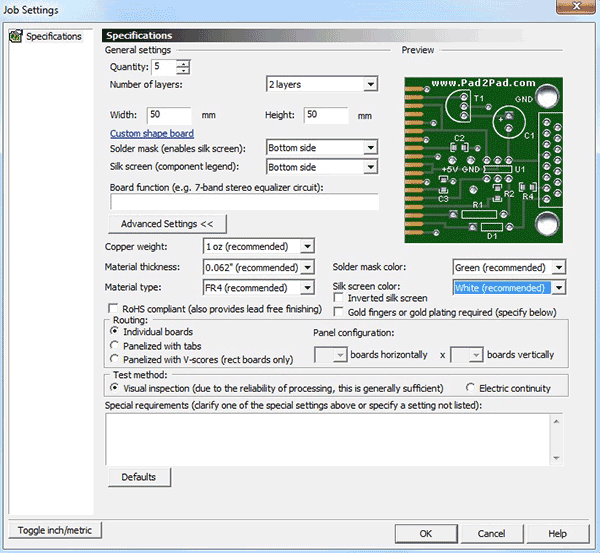 Стартовое меню программы - настройка основных параметров проекта Pad2Pad