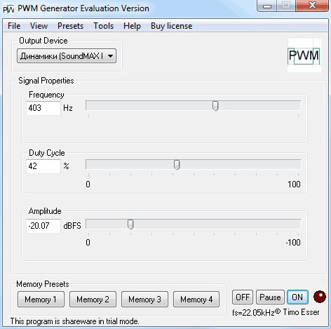 Рабочее окно программы PWM Generator