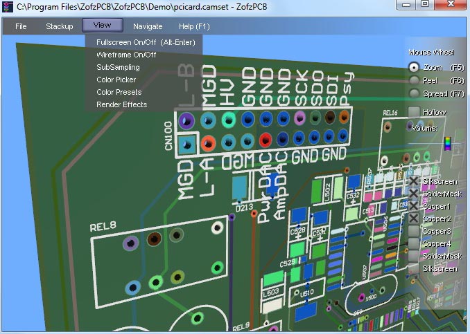 Рабочее окно программы ZofzPCB 3D Gerber Viewer