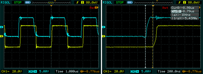 Задержка между появлением импульса на входе драйвера IR2110 и сигналом в средней точке ПТ. Голубым - сигнал управления.