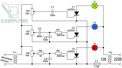 Цветомузыка на транзисторах КТ805АМ (3-х канальная)