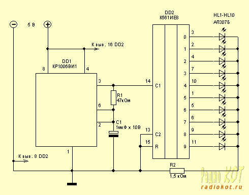 Схема бегущего огня на 8 светодиодов, вариант 1