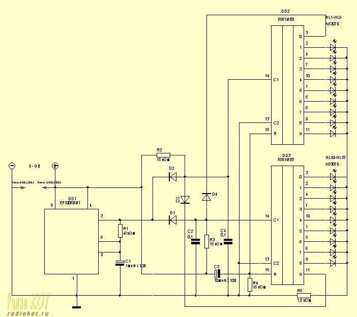 Схема бегущего огонька на 18 светодиодов