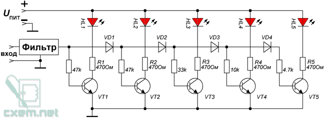 Схема спектроанализатора на транзисторах