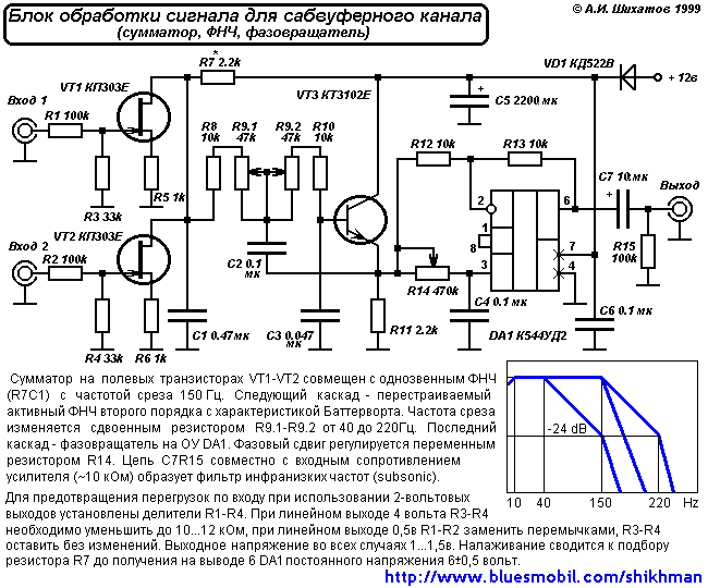 Схема сумматора, регулируемого ФНЧ и фазовращателя для сабвуферного канала