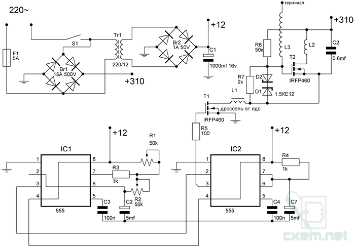 Схема качера Бровина на полевом транзисторе с прерывателем