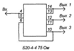 Разветвитель на основе резистивного блока Б20 с попарно-параллельным соединением резисторов для выхода на три телевизора